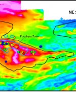 Douay Resource Area on first vertical derivative magnetic susceptibility base map, highlighting clusters of  drill-holes with high gold accumulation (grade x downhole width). 